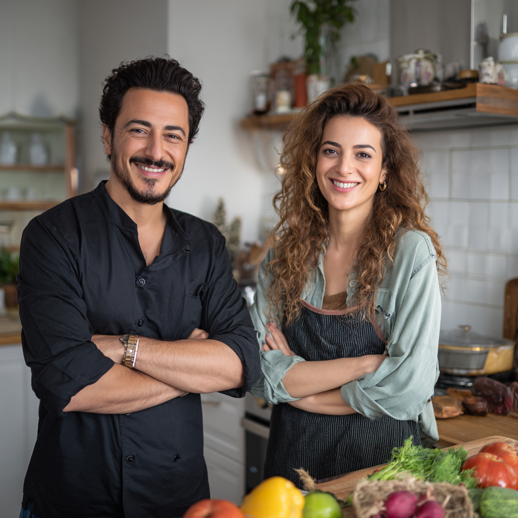 Gülümseyen Türk kadın beslenme uzmanı sağlıklı yemeklerle birlikte mutfakta