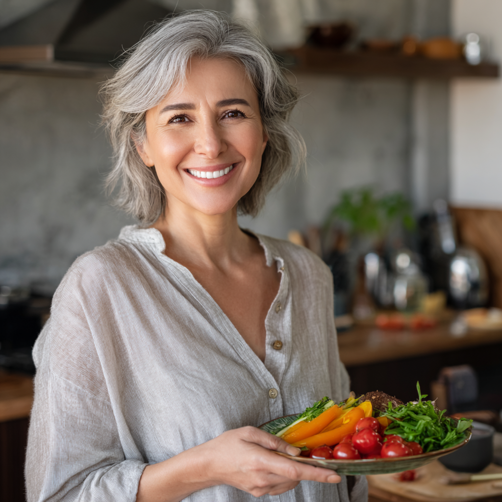Gülümseyen Türk beslenme uzmanı ekibi mutfakta sağlıklı yemek hazırlarken
